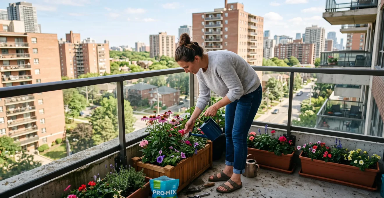 Une personne arrose des bacs à fleurs installés sur le balcon d'un appartement en hauteur, avec des immeubles résidentiels en arrière-plan.