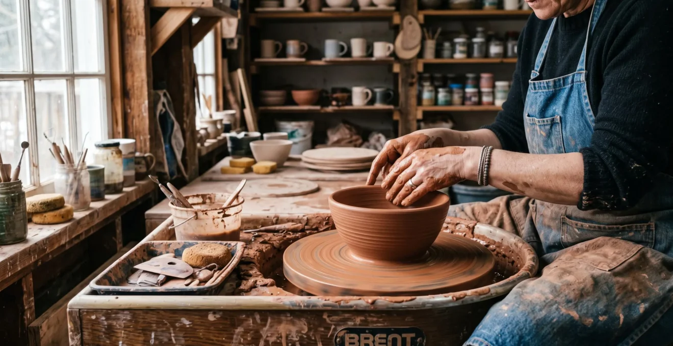 Potier travaillant à la roue sur une pièce de terre dans un atelier artisanal au Canada.