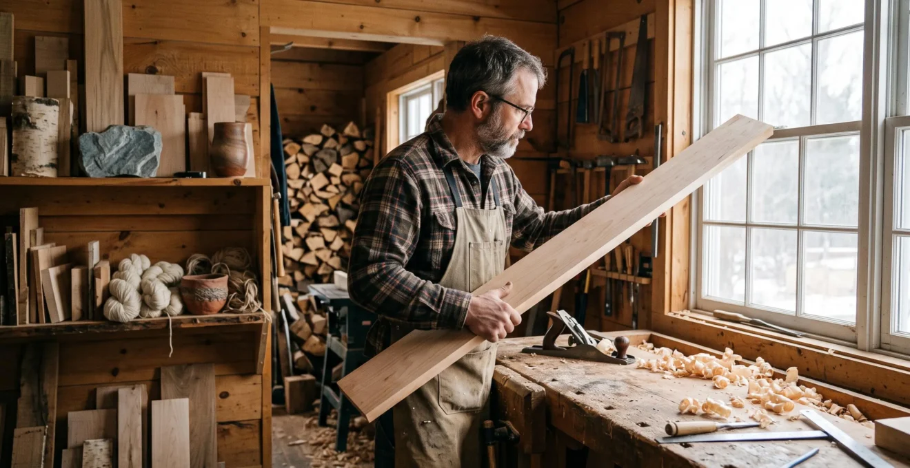 Un ébéniste canadien examine le grain d'une planche d'érable à sucre dans son atelier, entouré de matières premières locales comme du bouleau, de la pierre à savon et de la laine.
