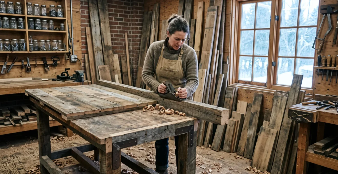 Un menuisier rabote une planche de bois récupéré sur un établi encombré de copeaux, dans un atelier où un meuble en matériaux recyclés est en cours d'assemblage.