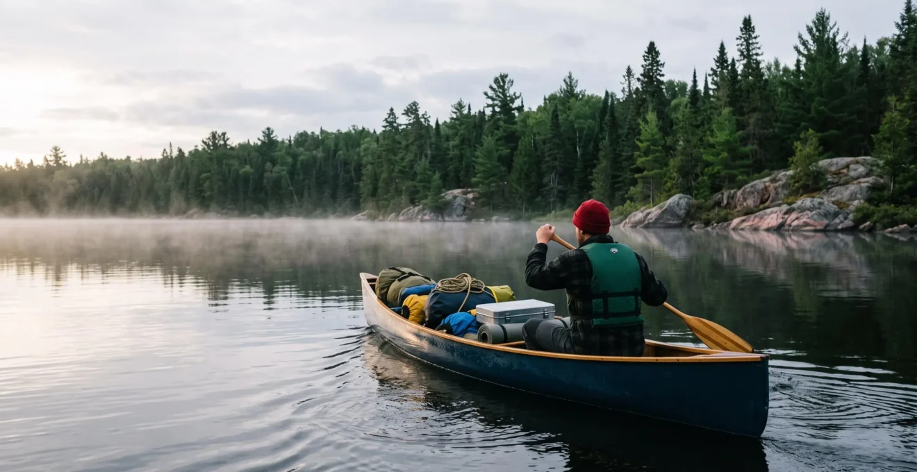 Une personne pagaye au milieu d'un lac entouré de forêt boréale, tôt le matin, dans un canoë chargé pour l'expédition.