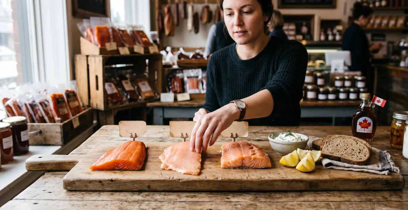 Une planche de dégustation présente plusieurs tranches de saumon fumé aux textures différentes dans une boutique artisanale canadienne, une main s'apprête à en saisir une.