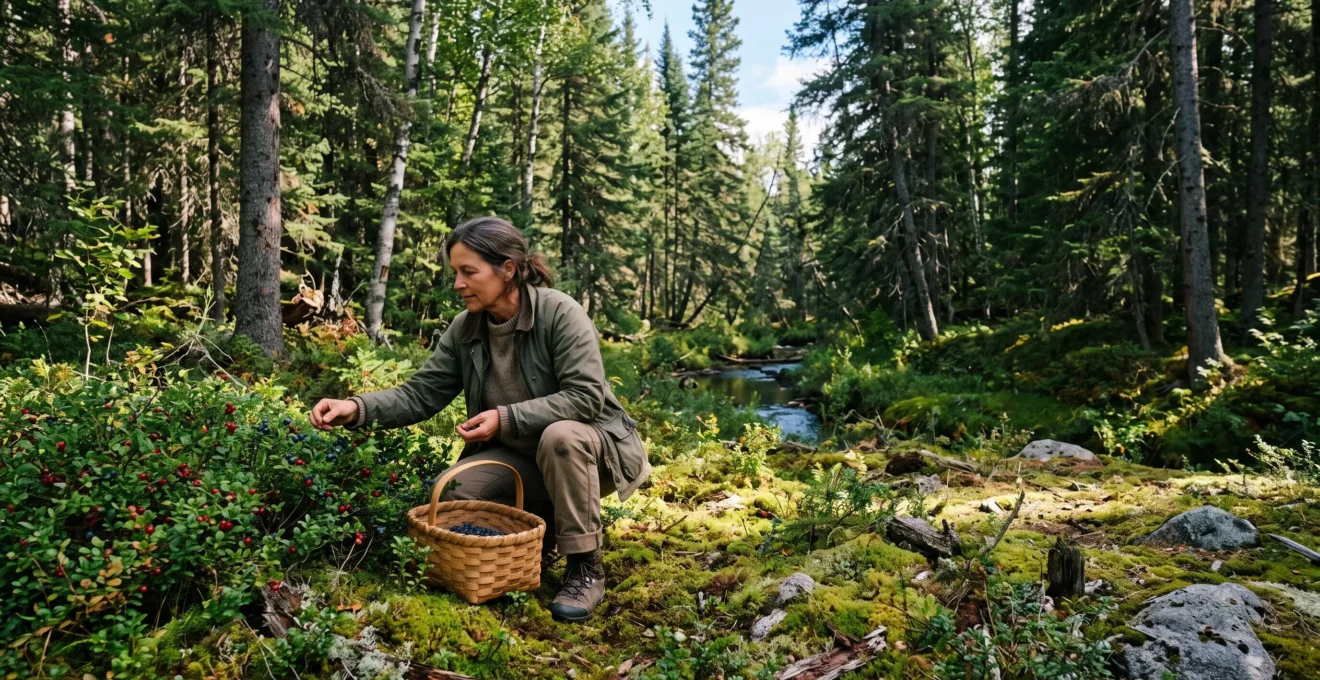 Une personne cueillant délicatement des baies sauvages dans une forêt boréale canadienne riche et ensoleillée.