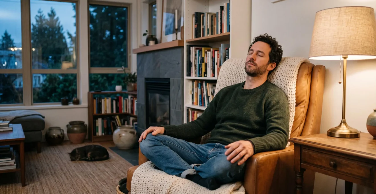 Personne assise dans un fauteuil, respirant profondément, créant un moment de calme au domicile le soir.