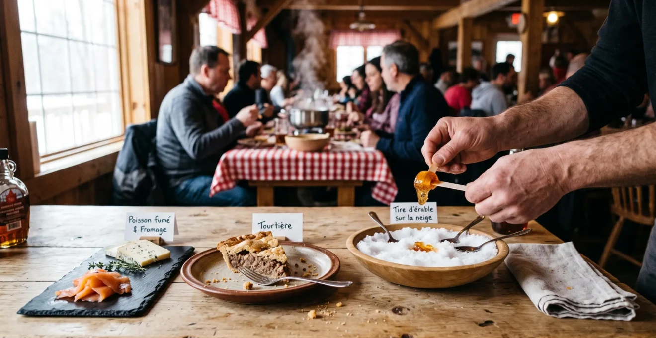 Une table de dégustation rustique où une personne soulève un morceau de tire d'érable sur la neige, entourée de poissons fumés, de tourtière et de tarte au sucre.