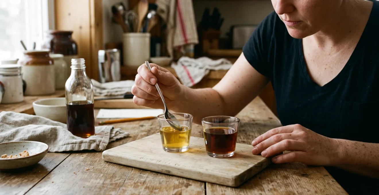 Deux petites verrées de sirop d'érable, l'une dorée et l'autre foncée, alignées sur une planche de bois lors d'une dégustation comparative en cuisine.