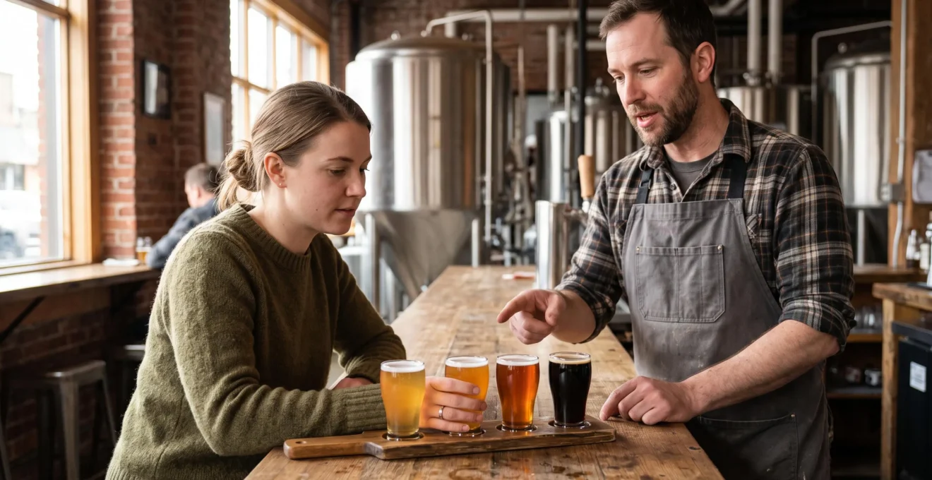 Un client compare une planche de quatre verres de bières artisanales de couleurs différentes au comptoir d'une microbrasserie, pendant qu'un brasseur lui explique l'une des bières.