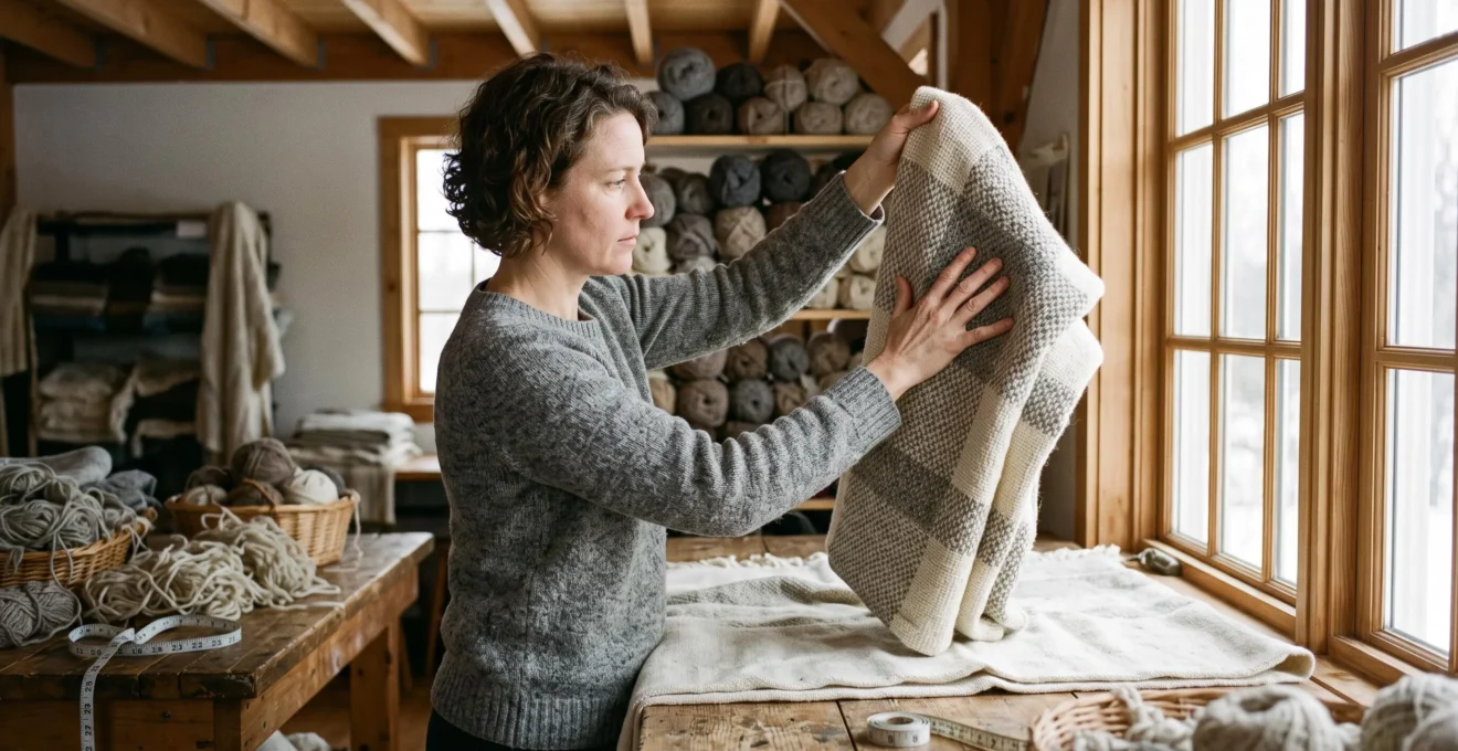 Une femme plie une couverture tissée en laine et la présente devant une fenêtre pour observer la densité du tissage.
