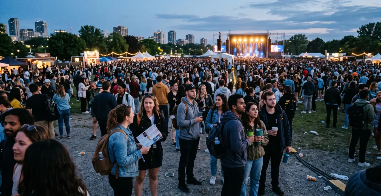 Foule de festivaliers sur un site de festival extérieur au Canada au crépuscule, regardant une scène illuminée au loin.