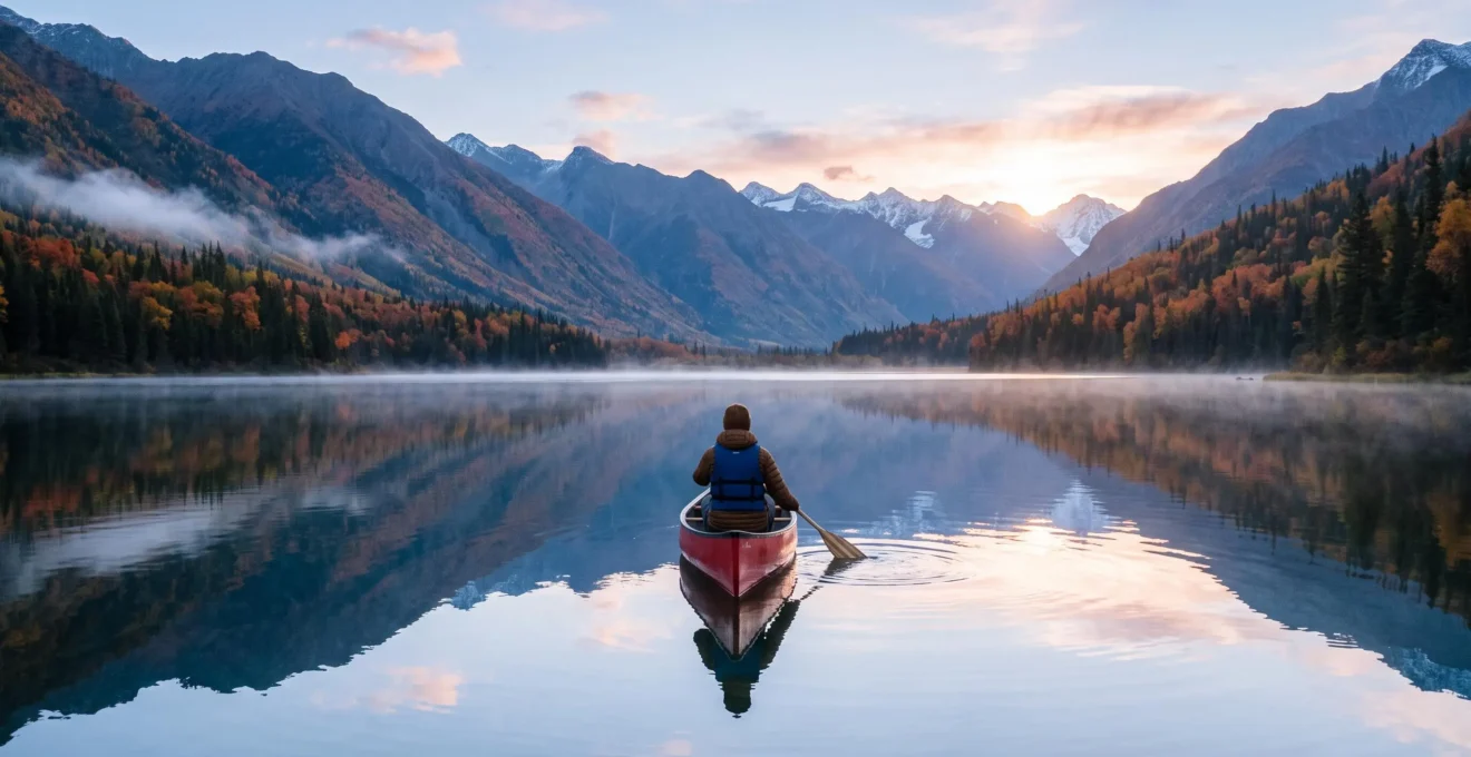 Un canotier glisse sur un lac canadien parfaitement calme au lever du jour, dont la surface reflète la montagne et la forêt aux couleurs d'automne.