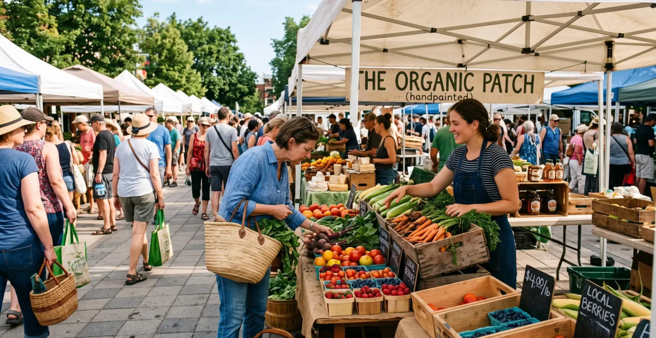 Des clients examinent des produits de saison frais sur les étals en bois d'un marché fermier canadien un matin d'été.