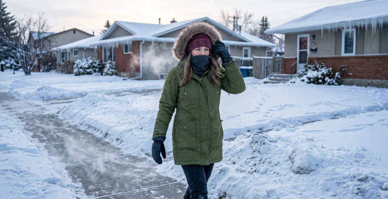 Une femme vêtue d'une parka isolée et de gants marche sur un trottoir enneigé d'une rue résidentielle canadienne, son souffle visible dans l'air froid.