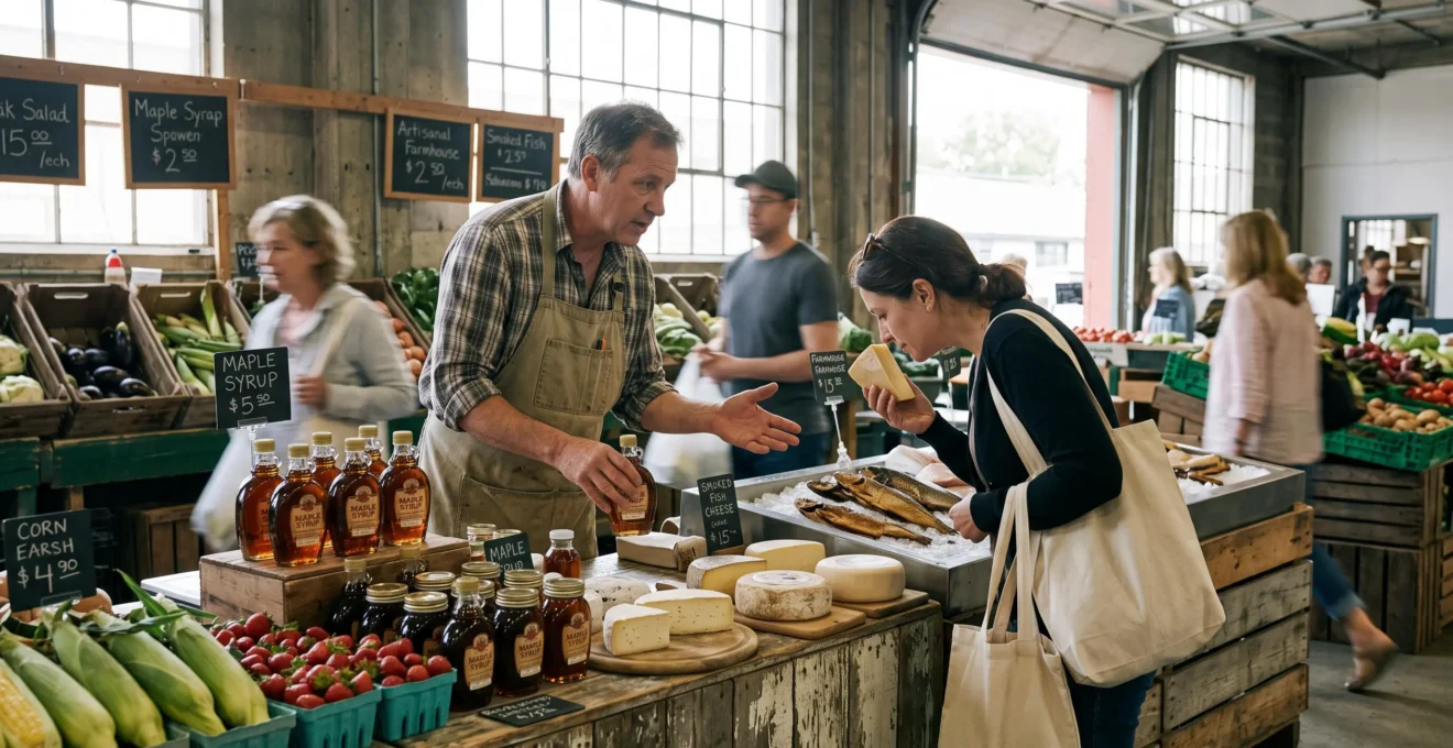 Un vendeur présentant des produits du terroir canadien à un client dans un marché public, avec sirop d'érable, fruits et fromages sur son étal.