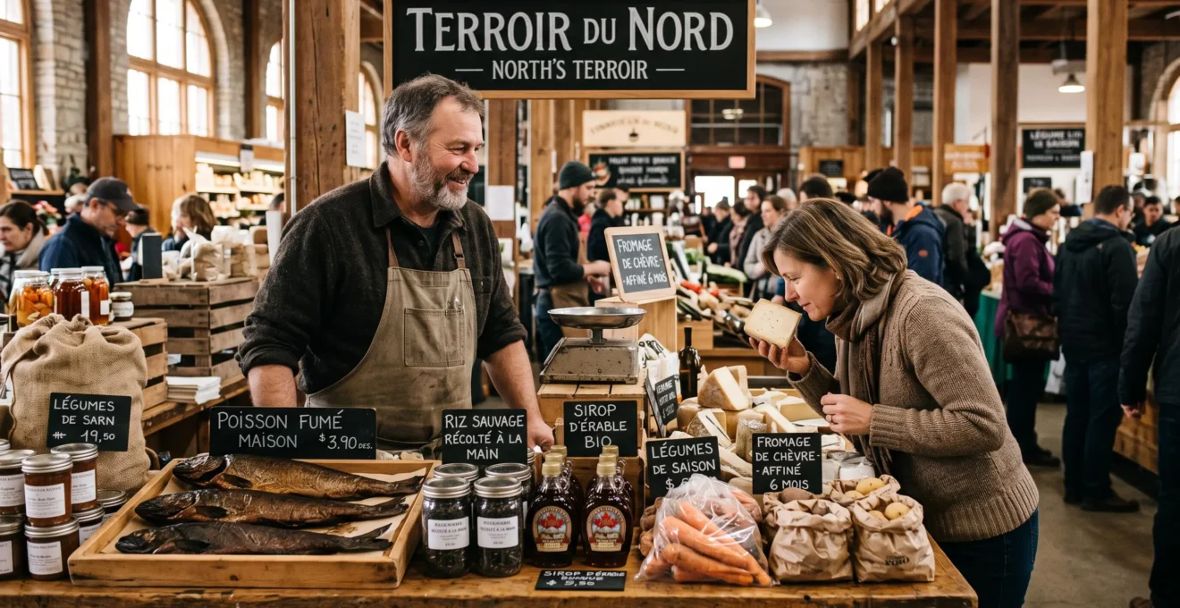 Un vendeur présente du poisson fumé, du riz sauvage et des produits d'érable sur un étal de bois d'un marché régional canadien.