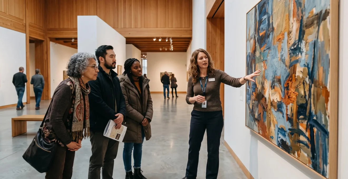 Une médiatrice culturelle présente une grande œuvre abstraite à un petit groupe de visiteurs dans une galerie canadienne.