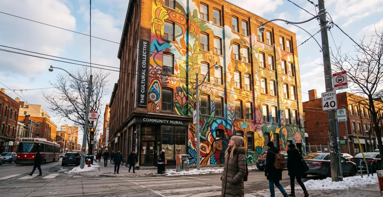 Une murale monumentale couvre toute la façade d'un immeuble de coin dans une rue canadienne, tandis que des passants marchent en contrebas.