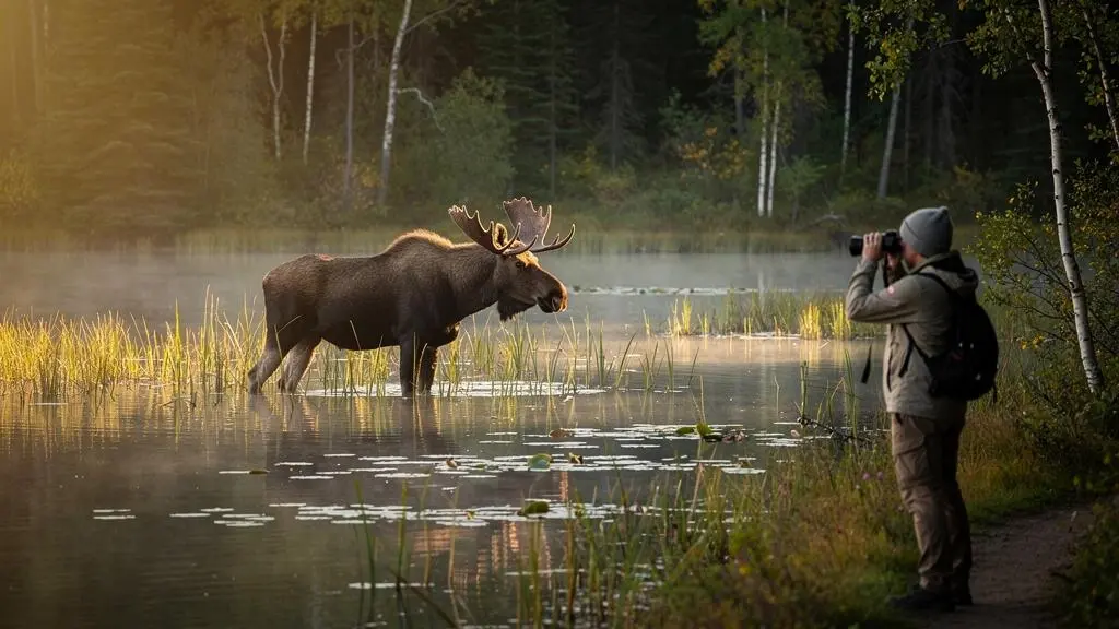 Un observateur muni de jumelles observe de loin un orignal debout dans une zone humide boréale canadienne au lever du soleil.