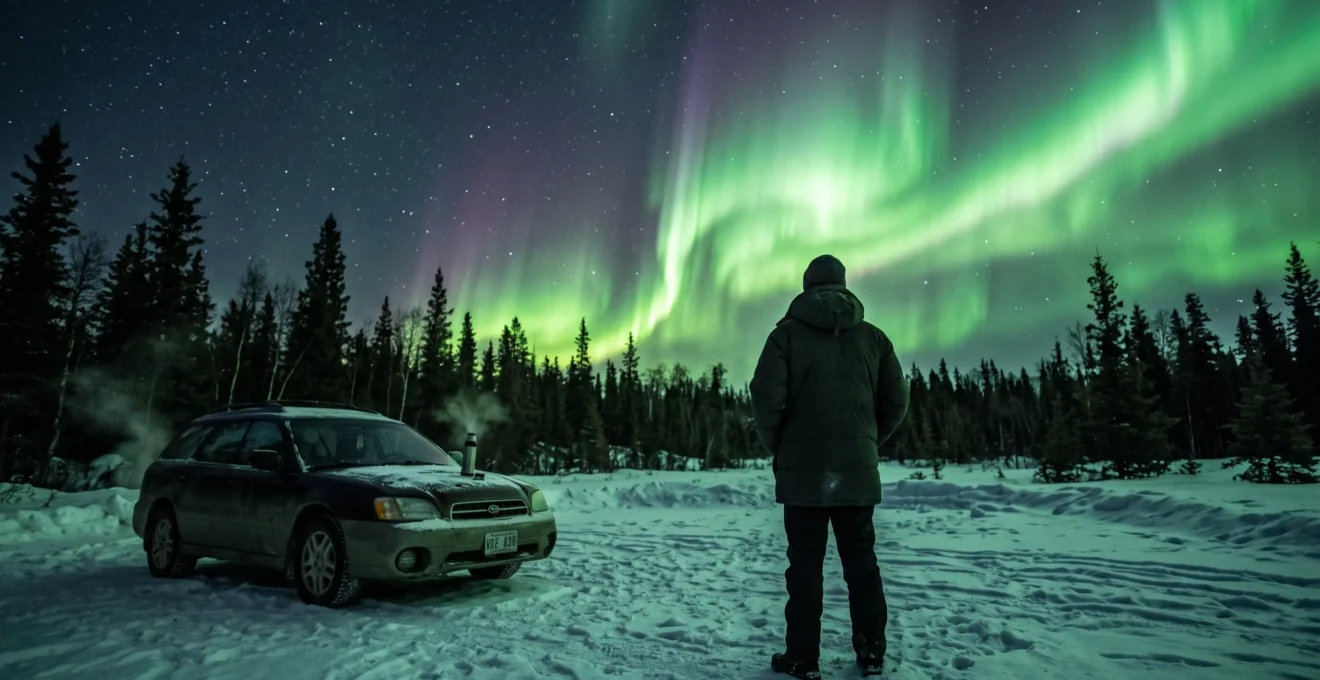 Une personne en parka d'hiver observe une aurore boréale verte au-dessus d'une forêt d'épinettes dans une clairière enneigée au Canada.