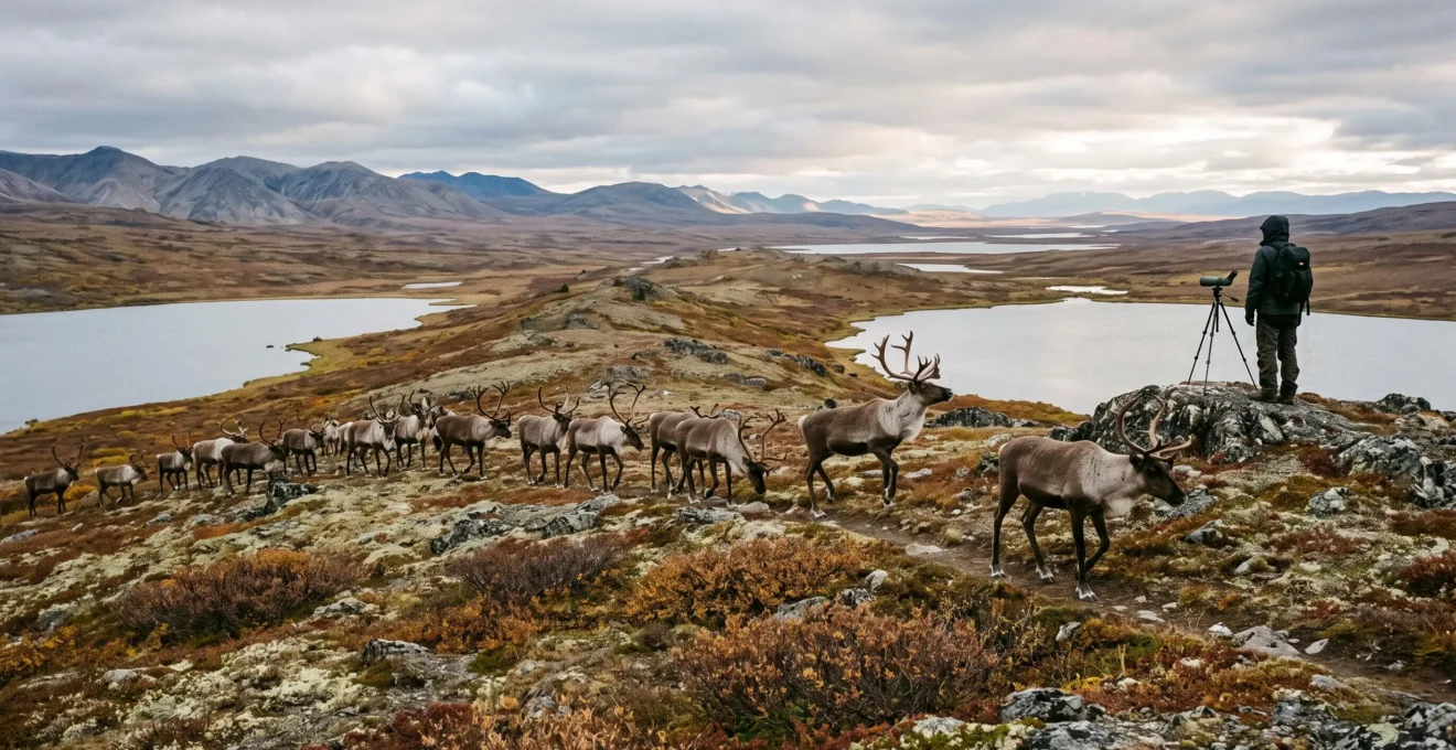 Un observateur suit de loin, à la longue-vue, un troupeau de caribous traversant la toundra canadienne.