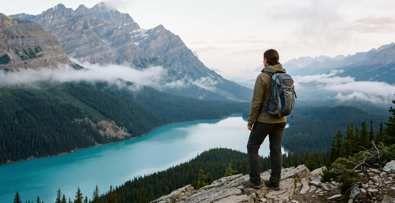 Un randonneur avec un sac à dos observe depuis un point de vue rocheux un parc national canadien aux paysages variés, entre sommets alpins, lac glaciaire et forêt de conifères.