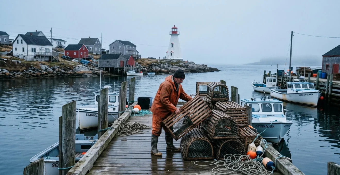 Un pêcheur empile des casiers à homard sur un quai de bois d'un village côtier de la Nouvelle-Écosse, avec des bateaux de pêche et un phare en arrière-plan.