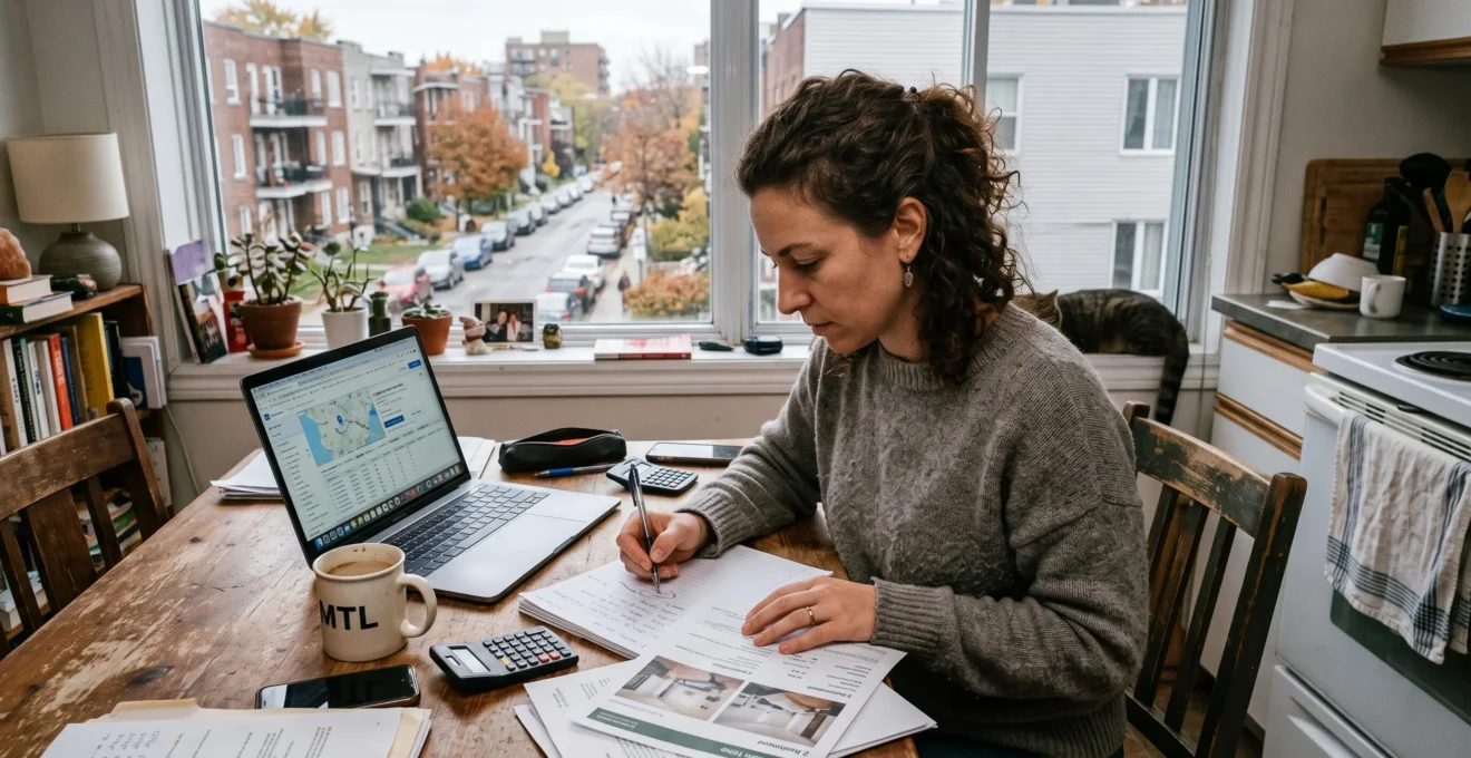 Une personne compare des annonces de logement et des notes budgétaires à la table de sa cuisine dans un quartier résidentiel canadien.