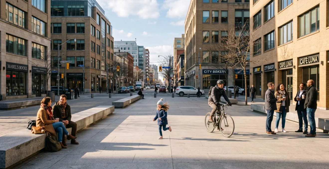 Une grande place urbaine dégagée au Canada où des personnes s'assoient, marchent et discutent librement sur un sol pavé entouré de bâtiments.