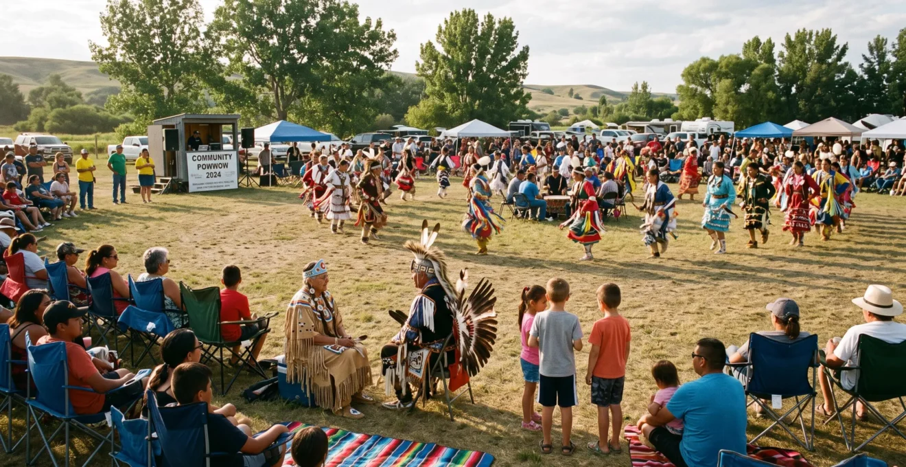 Des familles regardent des danseurs en regalia traditionnelle évoluer dans l'arène d'un powwow d'été en plein air au Canada.
