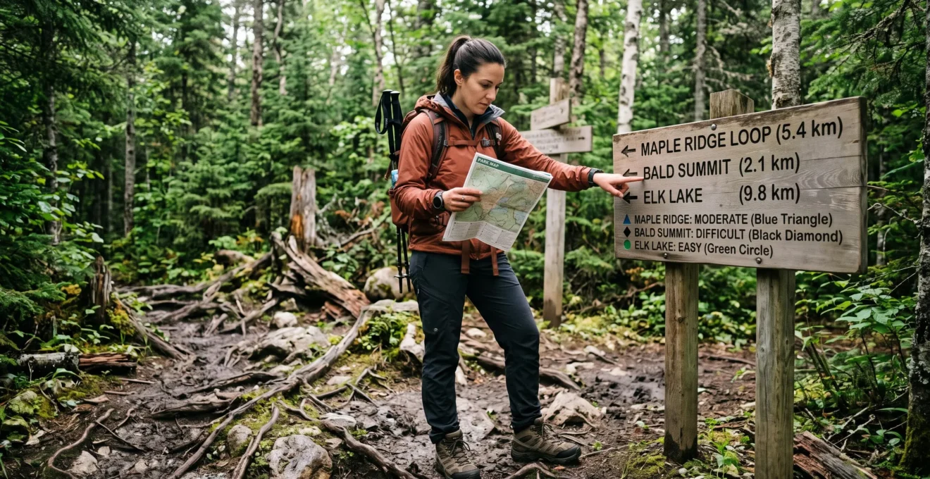 Un randonneur consulte une carte et un panneau de sentier à l'entrée d'une forêt boréale canadienne au sol humide et raciné.