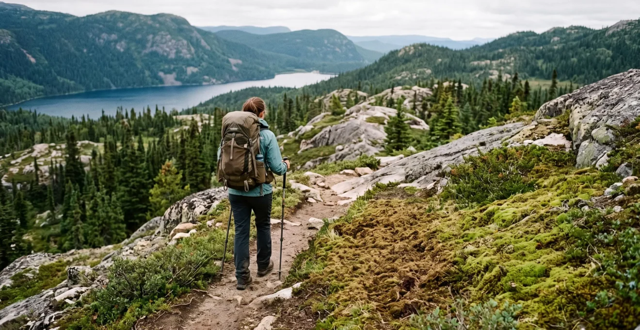 Un randonneur équipé d'un sac à dos marche sur un sentier étroit en pleine nature boréale canadienne, près d'un lac glaciaire.