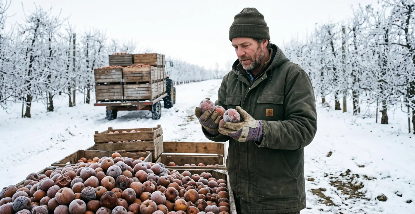 Un cidriculteur examine des pommes gelées dans un verger enneigé du Québec lors de la récolte hivernale destinée au cidre de glace.