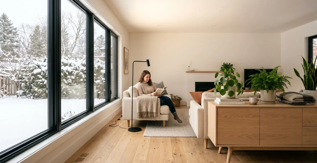 Un salon lumineux au plancher de bois clair baigné de lumière hivernale naturelle, avec une personne assise près de la fenêtre.