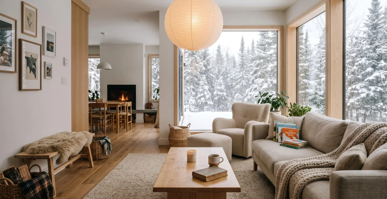 Salon lumineux de style scandinave avec bois clair, textiles en laine et grande fenêtre donnant sur un paysage enneigé.