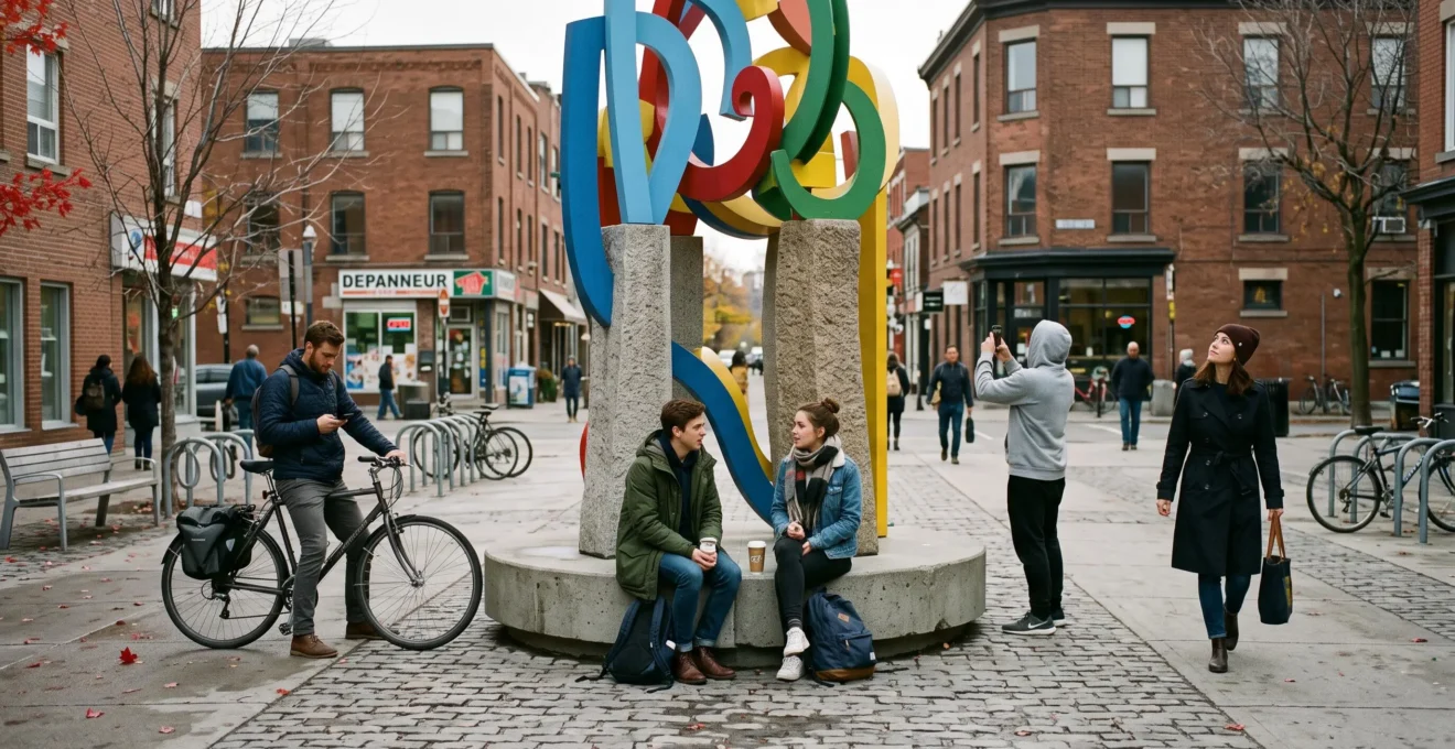 Une sculpture d'art public monumentale installée sur une place de quartier, entourée d'habitants qui s'y donnent rendez-vous, marchent ou la photographient dans leur quotidien.