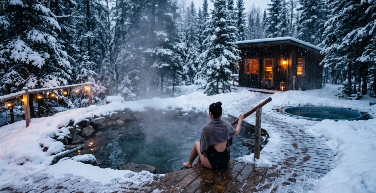 Un spa nordique en hiver au Canada avec un bassin d'eau chaude fumant entouré de neige et une personne au repos sur le rebord