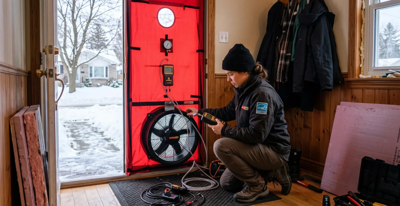 Un évaluateur réalise un test d'infiltrométrie avec un ventilateur installé dans la porte d'une maison canadienne en hiver.