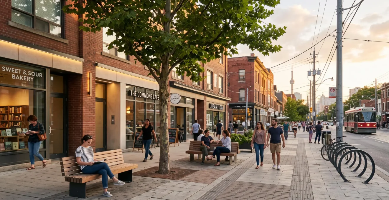 Ruelle urbaine canadienne agrémentée par des aménagements ciblés, avec des arbres, des bancs et un éclairage chaleureux, attirant les passants.