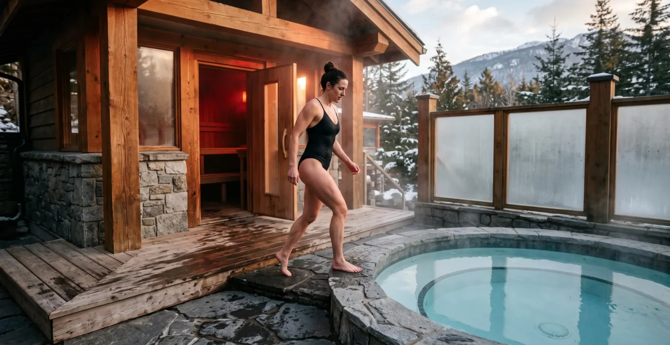 Une personne traverse le couloir entre le sauna chaud et le bassin froid d'un spa nordique au Canada.