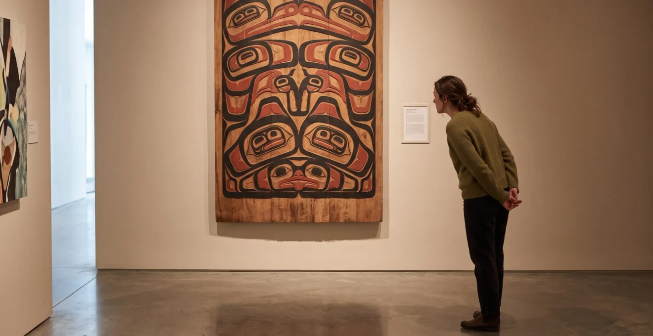 Une visiteuse lit l'étiquette descriptive à côté d'un panneau de cèdre sculpté dans une galerie d'art au Canada.