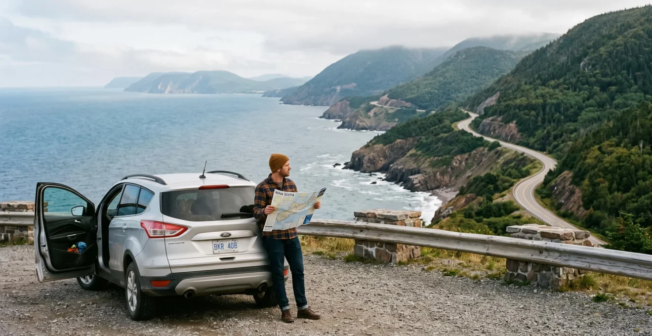 Un voyageur consulte une carte routière en papier à côté de sa voiture garée sur un belvédère de la Cabot Trail, face à l'océan et aux caps escarpés.